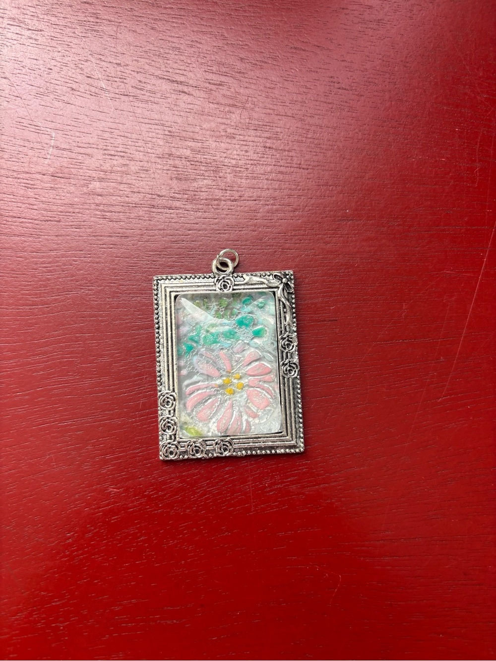 Vintage Artisan Floral Mosaic Necklace Pendant